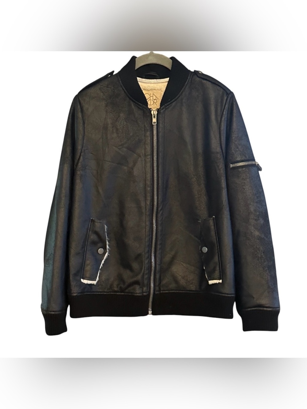 Chaser Black Faux Leather Sherpa Lined Bomber Jacket Size M